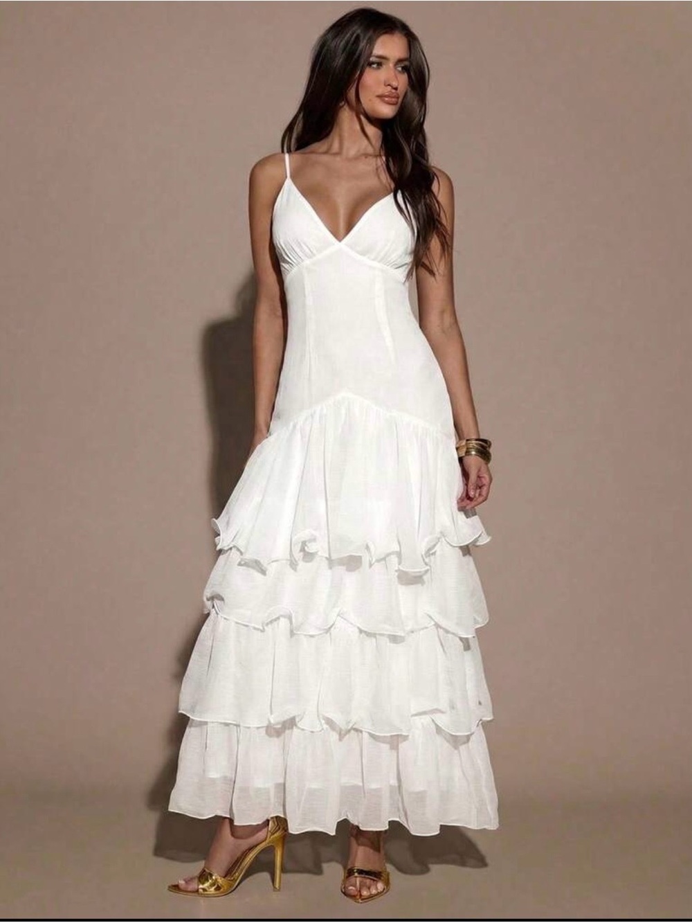 SHEIN White Spaghetti-Strap Tiered Ruffle Maxi Dress